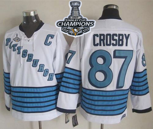 Penguins #87 Sidney Crosby White/Light Blue CCM Throwback Stanley Cup Finals Champions Stitched NHL Jersey